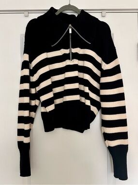 Zara Black and Cream Striped Half-Zip Turtleneck Sweater